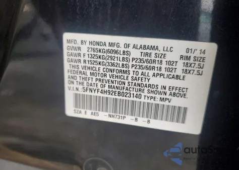 2014 Honda Pilot Touring z USA, uszkodzony, nr VIN 5FNYF4H92EB023140